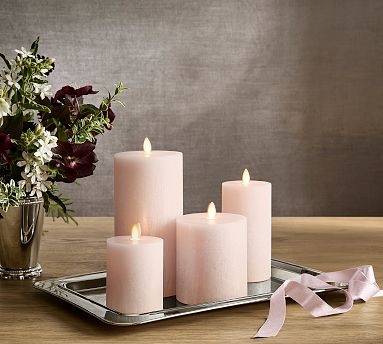 Flameless Pillar Candle Salt Washed Texture Blush Pink Silver Tray