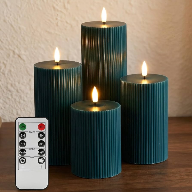 Flameless Pillar Candle Set: Deep Teal Ribbed Surface with LED Flame