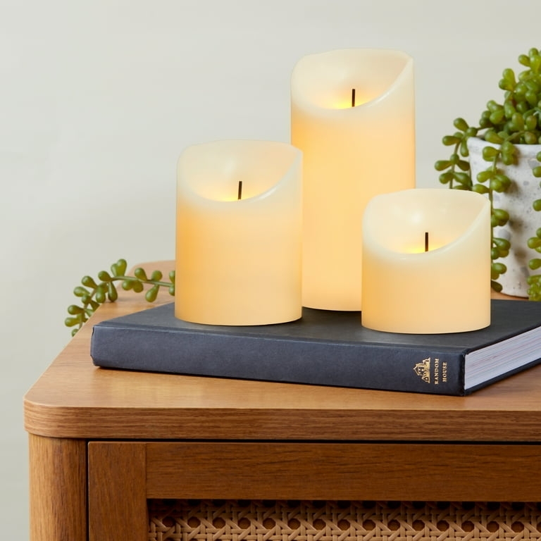Flameless Pillar Candle Trio with Scalloped Edge, Woven Cane Decor