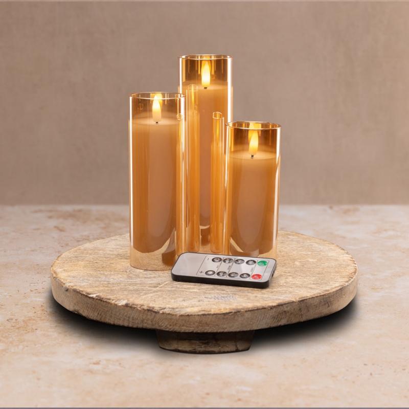 Flameless Pillar Candles Amber Glass Set of 3 with Remote Control