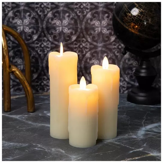 Flameless Pillar Candles Cream Melted Top Edge, Moody Tabletop Vignette