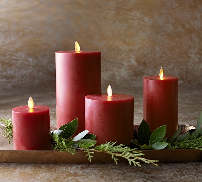 Flameless Pillar Candles Crimson Wax Finish, Tiered Holiday Centerpiece
