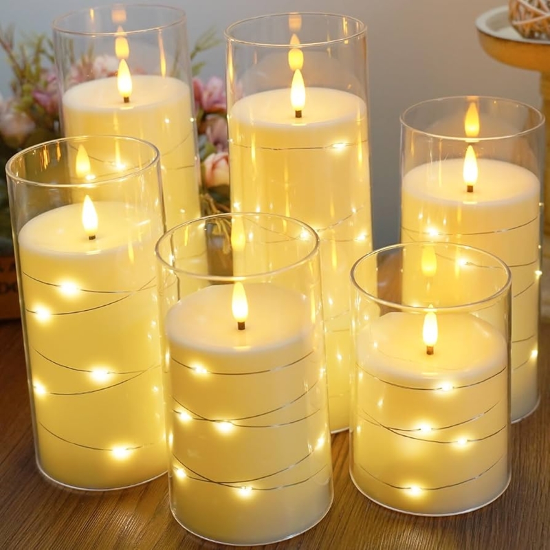 Flameless Pillar Candles Fairy String Lights Glass Cylinders