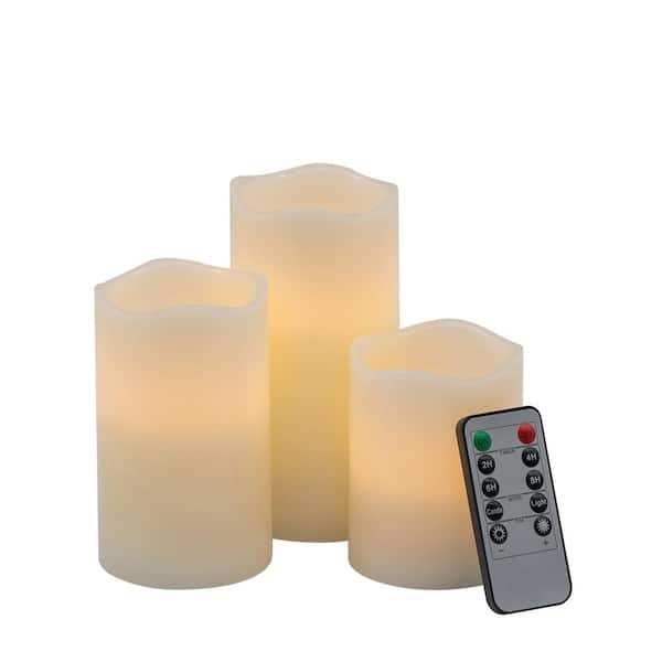 Flameless Pillar Candles Graduated Heights Trio, Remote and Wavy Rim