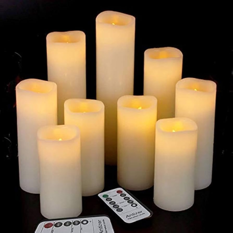 Flameless Pillar Candles Ivory Nine Piece Set with Graduated Heights
