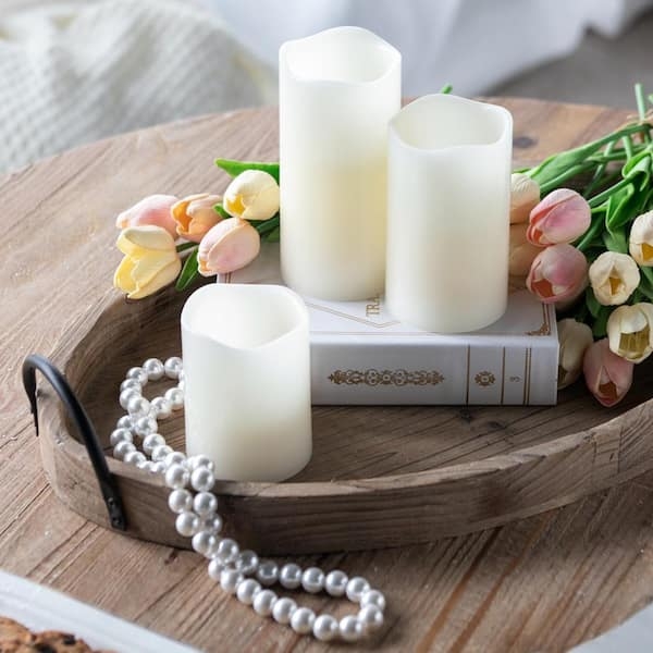 Flameless Pillar Candles Ivory Wavy Edge Trio for Tiered Tray Decor