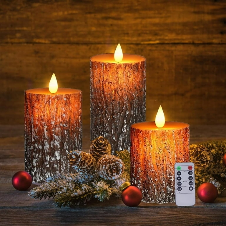 Flameless Pillar Candles Pine Bark Texture Moving Wick Trio
