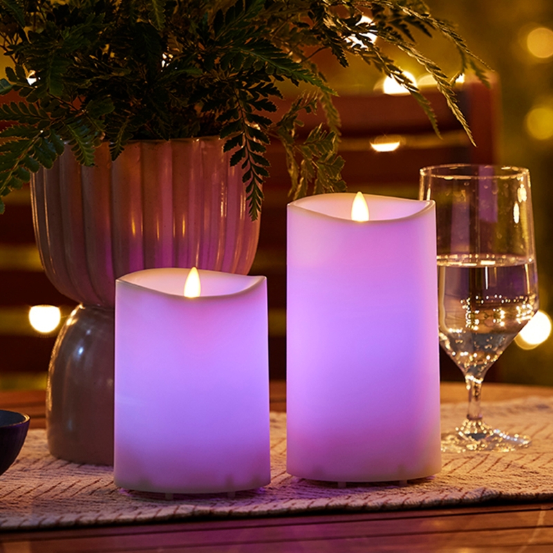 Flameless Pillar Candles, Purple Glow Outdoor Set with Melted Top Edge