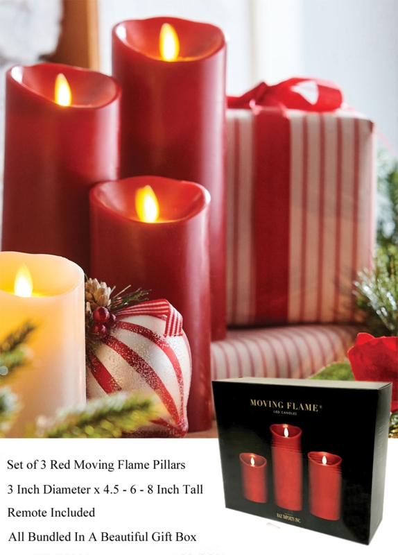 Flameless Pillar Candles Red Moving Flame Set of 3 with Remote