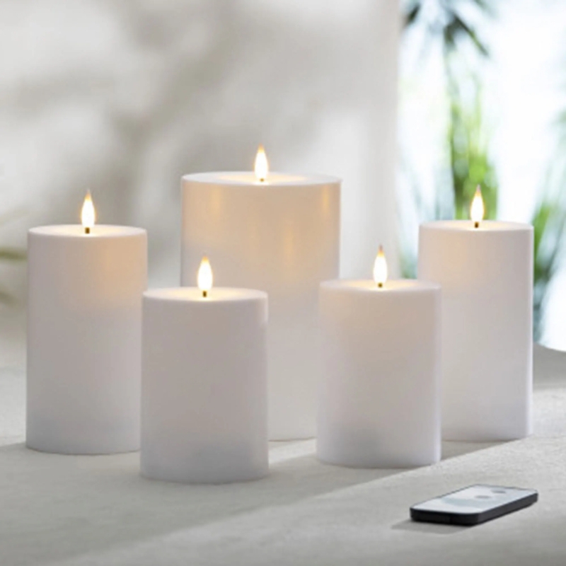 Flameless Pillar Candles White Matte Finish, Staggered Height Set of 5