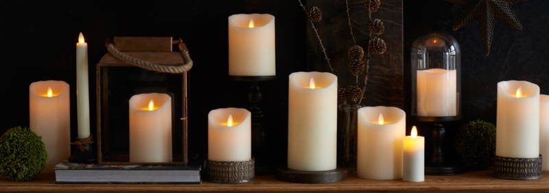 Flameless Pillars in Diverse Holders, Rustic Lantern and Cloche Decor