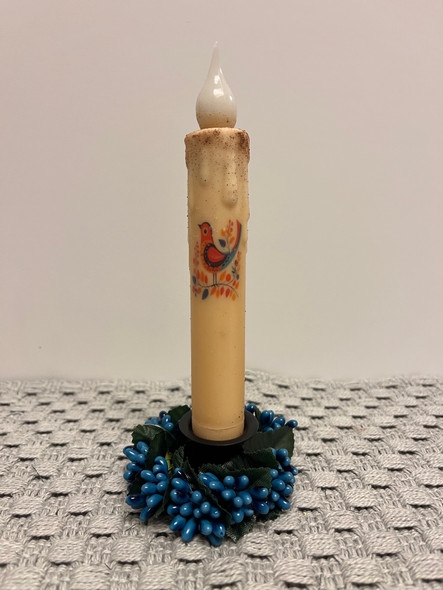 Flameless Taper Candle, Folk Art Bird Motif with Berry Ring Base