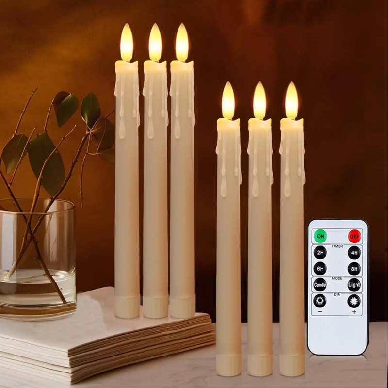 Flameless Taper Candle Ivory Set Realistic Drip Effect Remote Control