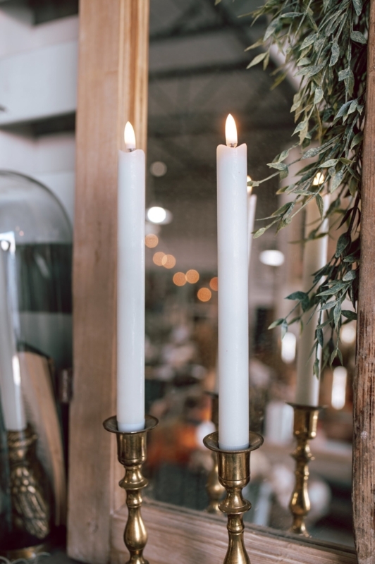 Flameless Taper Candle White Pair in Brass Holders Rustic Mantle Styling