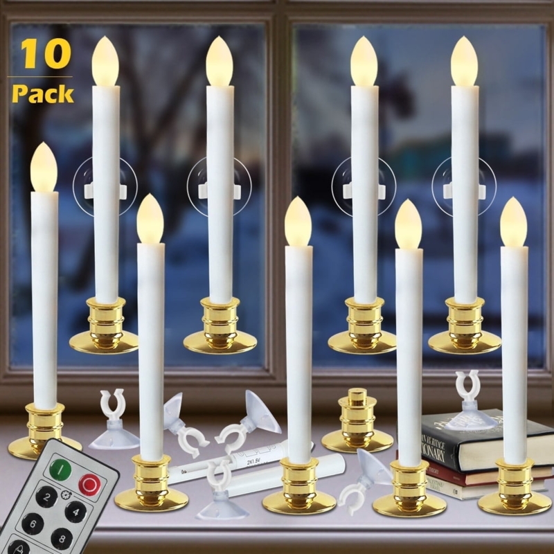 Flameless Taper Candles 10 Pack with Suction Cup Mounts and Gold Bases