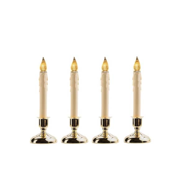 Flameless Taper Candles Brass Base Ribbed Bulb Ivory 4-Pack