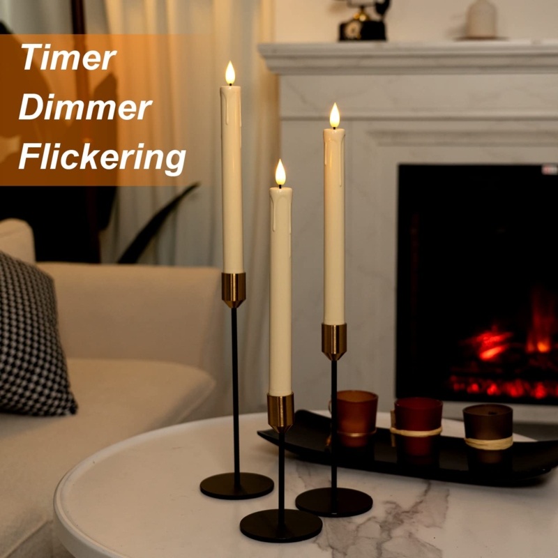 Flameless Taper Candles Ivory Set with Mixed Metal Stands Coffee Table