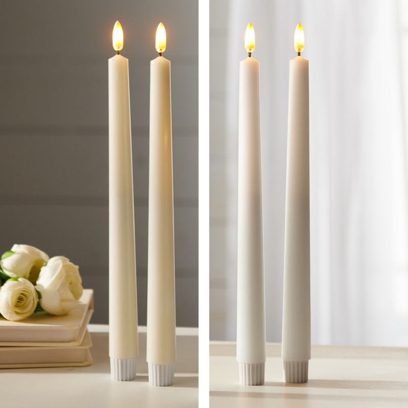 Flameless Taper Candles Ivory Slender Silhouette with Ribbed Base Pair
