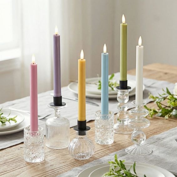 Flameless Taper Candles Pastel Shades Set, Mismatched Glass Holders