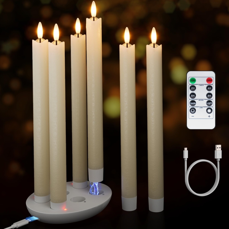 Flameless Taper Candles Rechargeable Set with Charging Base & 3D Flame