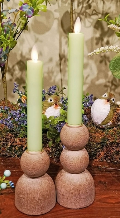 Flameless Taper Candles Sage Green Moving Flame, Stacked Sphere Holders