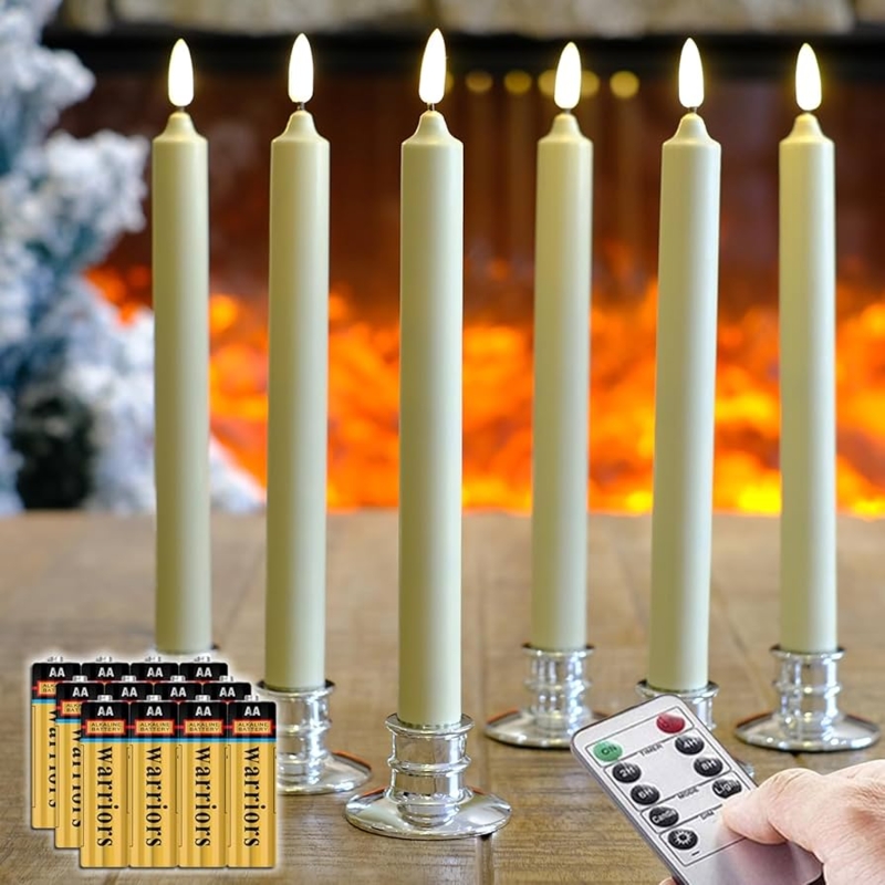 Flameless Taper Candles Silver Bases Ivory Remote 6-Pack