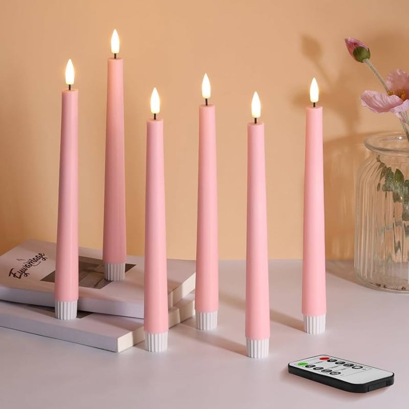 Flameless Taper Candles Soft Pink Ribbed Base with Remote Control