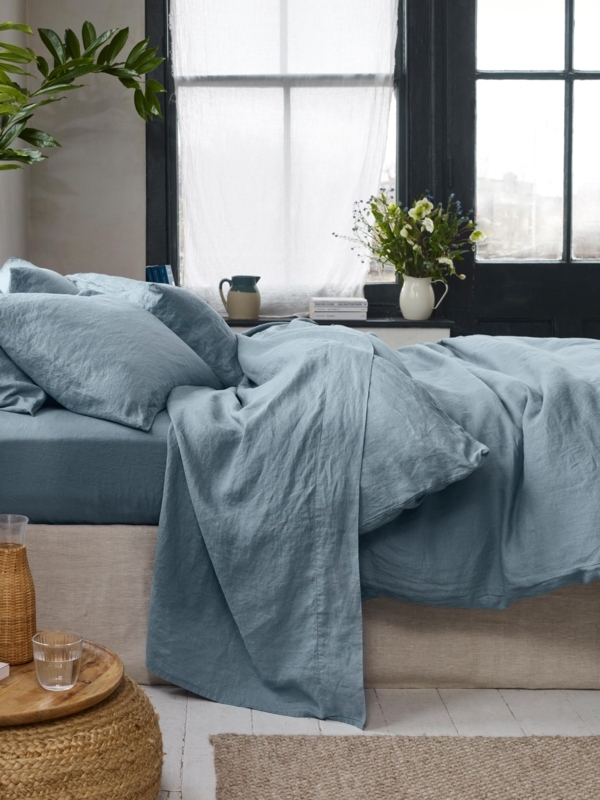 Flat Sheet with Linen Texture in Dusk Blue Bedding Styling