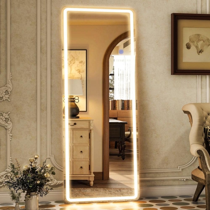 Floor Leaning Full Length Mirror, LED Lighting, Rounded Corners