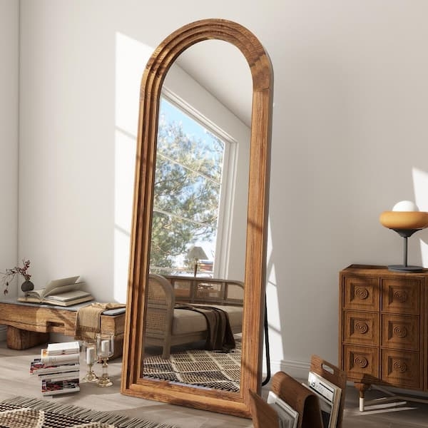 Floor Mirror Arched Silhouette Thick Wood Frame Organic Modern