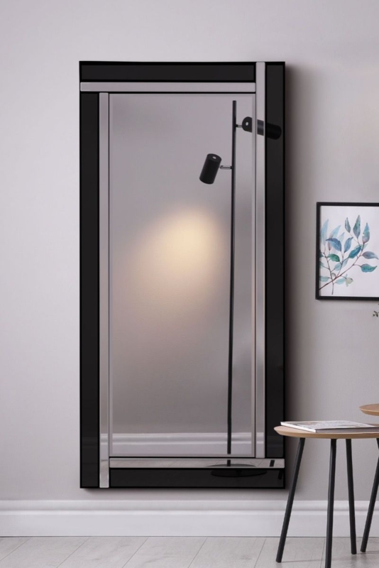 Floor Mirror Black Glass Border, Asymmetric Silver Inlay Design