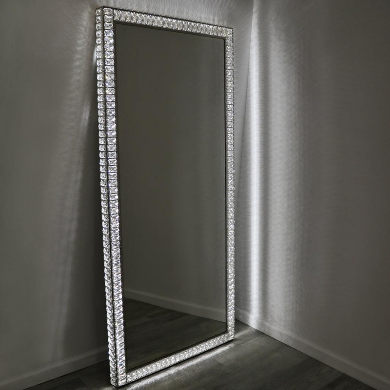 Floor Mirror, Crystal Encrusted Frame, LED Backlighting