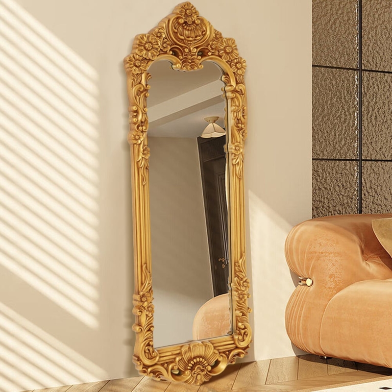 Floor Mirror featuring Ornate Floral Crest, Vintage Baroque Glam
