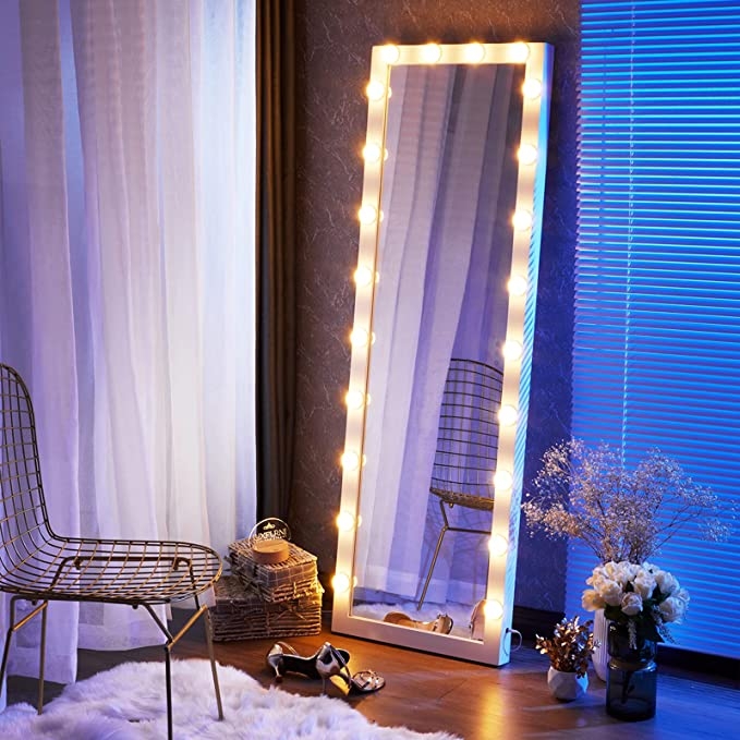 Floor Mirror, Integrated LED Bulbs, Full Length Vanity, White Wide Frame
