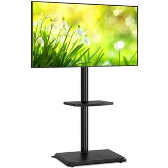Floor TV Stand Matte Black with Adjustable Media Shelf & Modern Mount