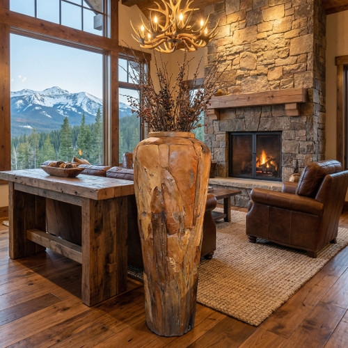 Floor Urn Oversized Patchwork Wood Texture Mountain Lodge Decor