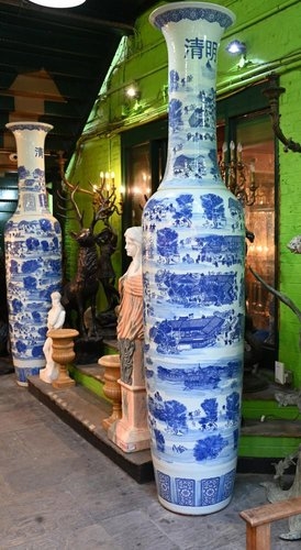 Floor Urns Giant Blue and White Porcelain Scenic Landscape
