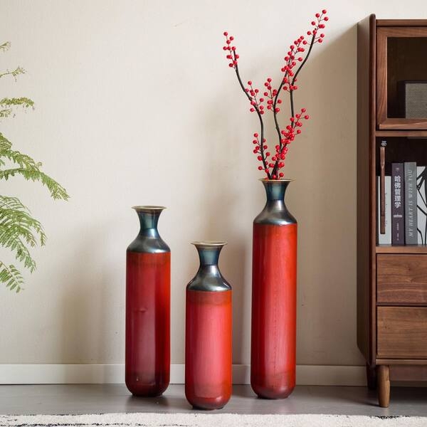 Floor Vase Crimson Red Glaze Metallic Neck Modern Red Vase Set