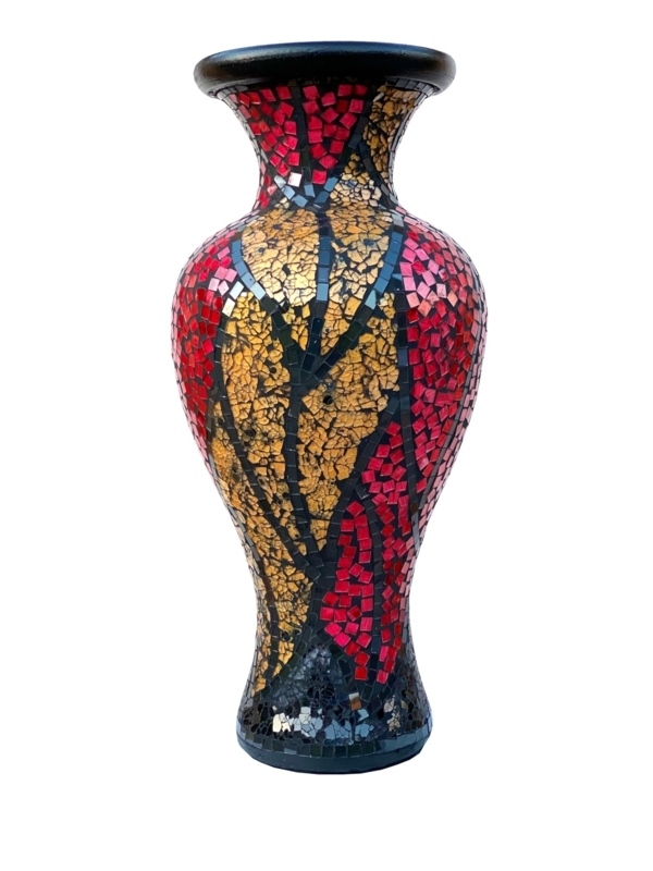 Floor Vase: Eclectic Red Glass Mosaic with Tree Branch Motif