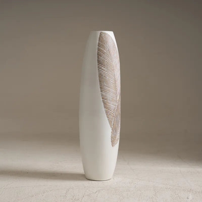 Floor Vase Etched Leaf Motif Spindle Silhouette Matte Coastal
