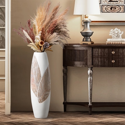 Floor Vase Matte White Embossed Leaf Motif Organic Modern