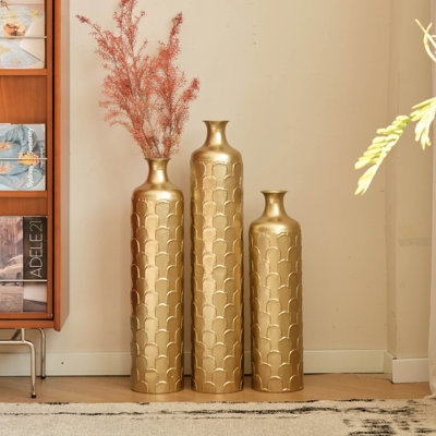 Floor Vase Metallic Embossed Scale Pattern Trio Tall Glam Decor Set