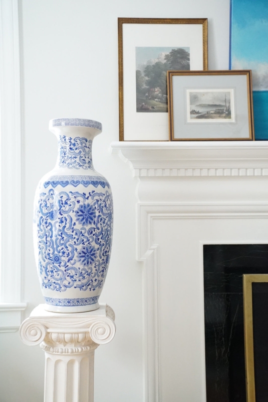 Floor Vase Oversized Ceramic Blue and White Pedestal Mounted Traditional