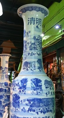 Floor Vase Pair Giant Blue and White Porcelain Oriental Nanking Style