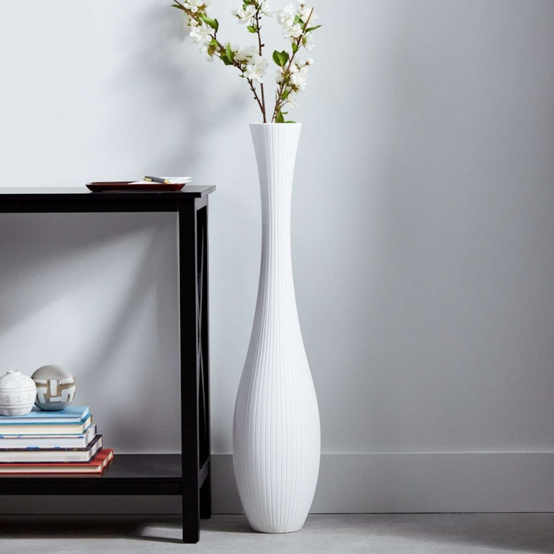 Floor Vase Ribbed Texture Teardrop Silhouette White Wood Toned 36 Inch