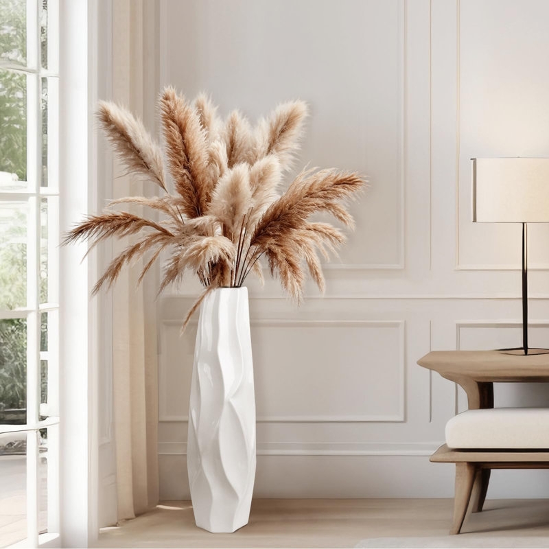 Floor Vase Rippled Surface Ceramic Tall Sculptural White Decor