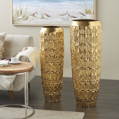 Floor Vase Set: Antique Gold Finish with Grooved Relief Texture