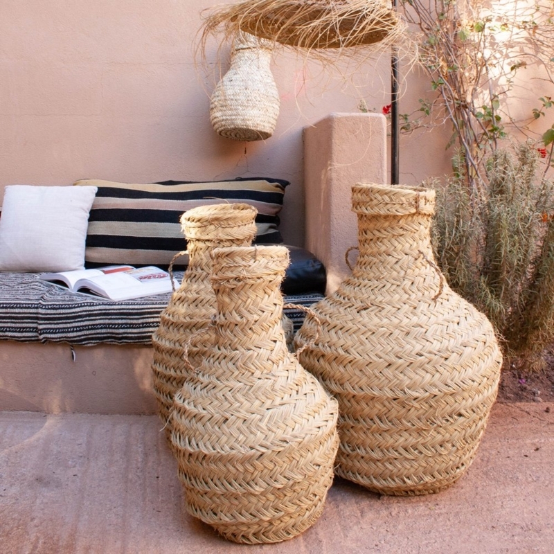 Floor Vase Set, Artisanal Woven Fiber, Amphora Silhouette, Mediterranean Style