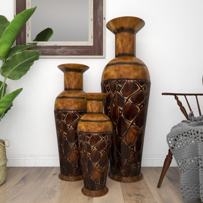 Floor Vase Set Burnished Amber Metal with Embossed Mosaic Texture