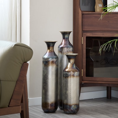 Floor Vase Set Distressed Metal Twilight Glaze Finish Industrial Rustic
